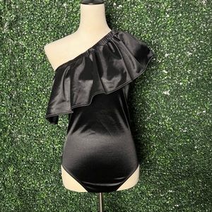 Express Off The Shoulder Satin Bodysuit Ruffle Top Sexy Date Night Party Blouse